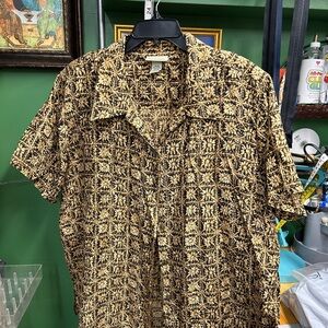 100% silk Black and Tan Geometric floral Shirt Sz 22/24